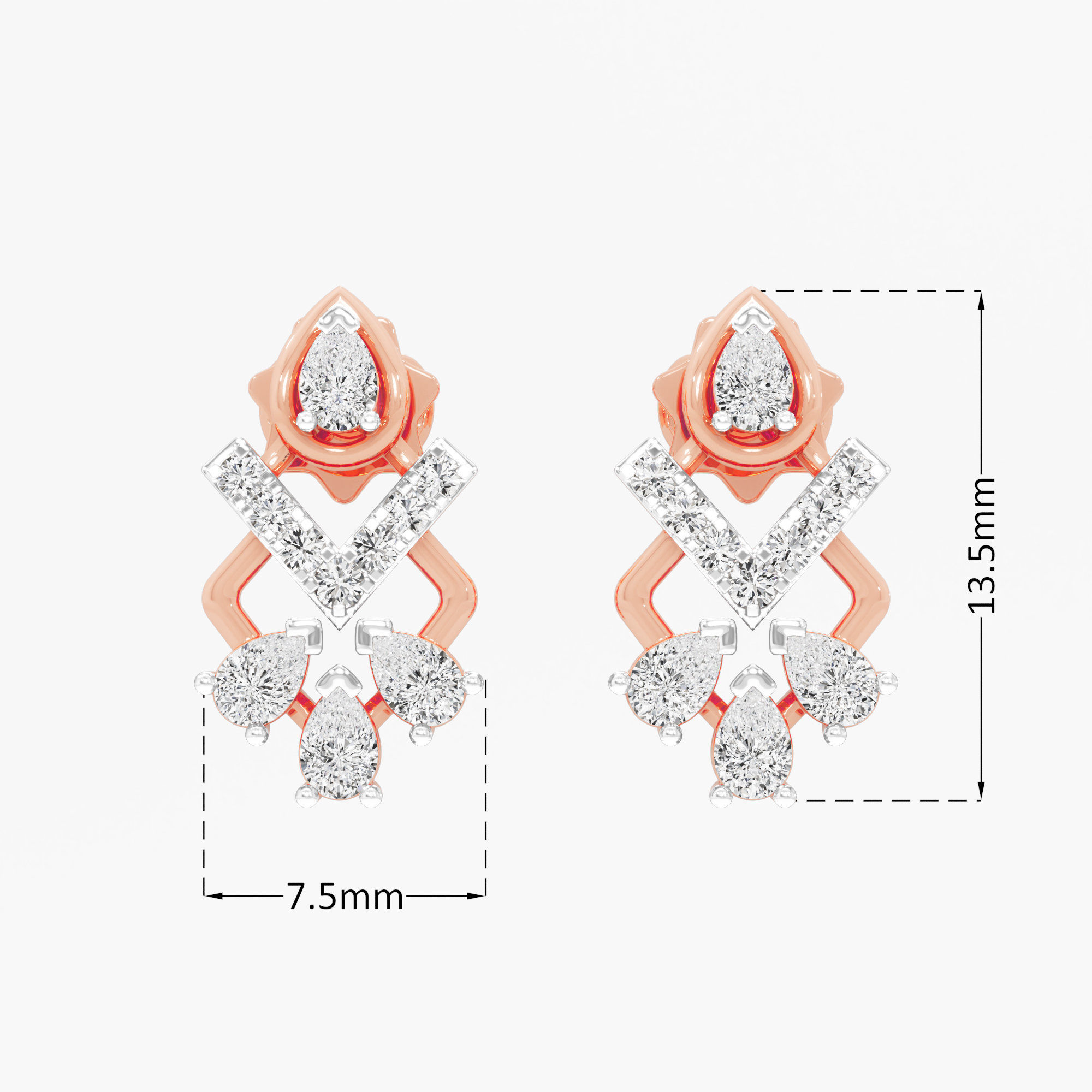 Chevron Trio Stud Earrings in 9KT Rose Gold (Diamond Quality: FG-VVS VS)
