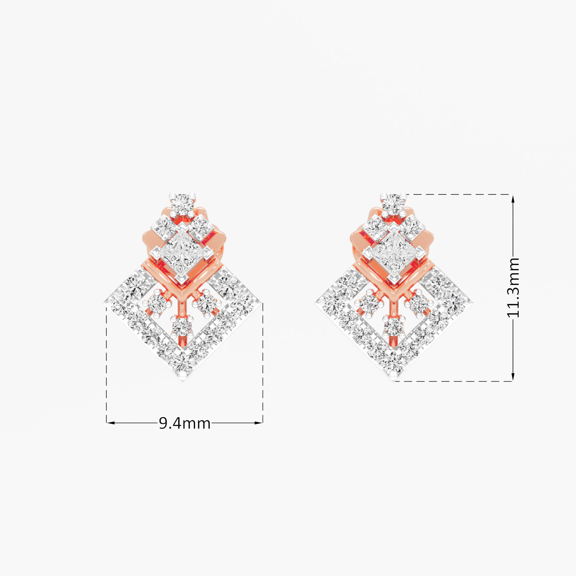 Vertex Kite Stud Earrings in 9KT Rose Gold (Diamond Quality: FG-VVS VS)