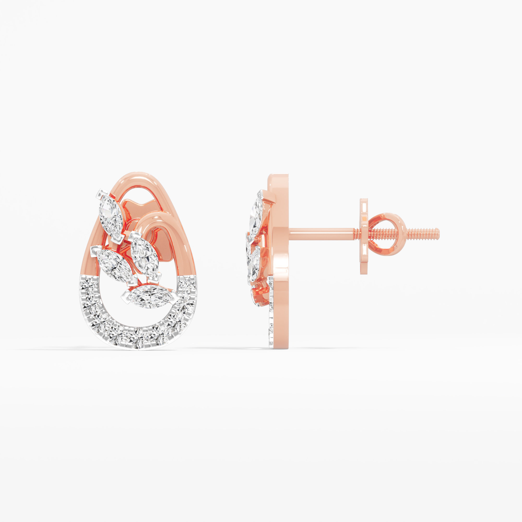 Teardrop Leaf Stud Earrings in 9KT Rose Gold (Diamond Quality: FG-VVS VS)