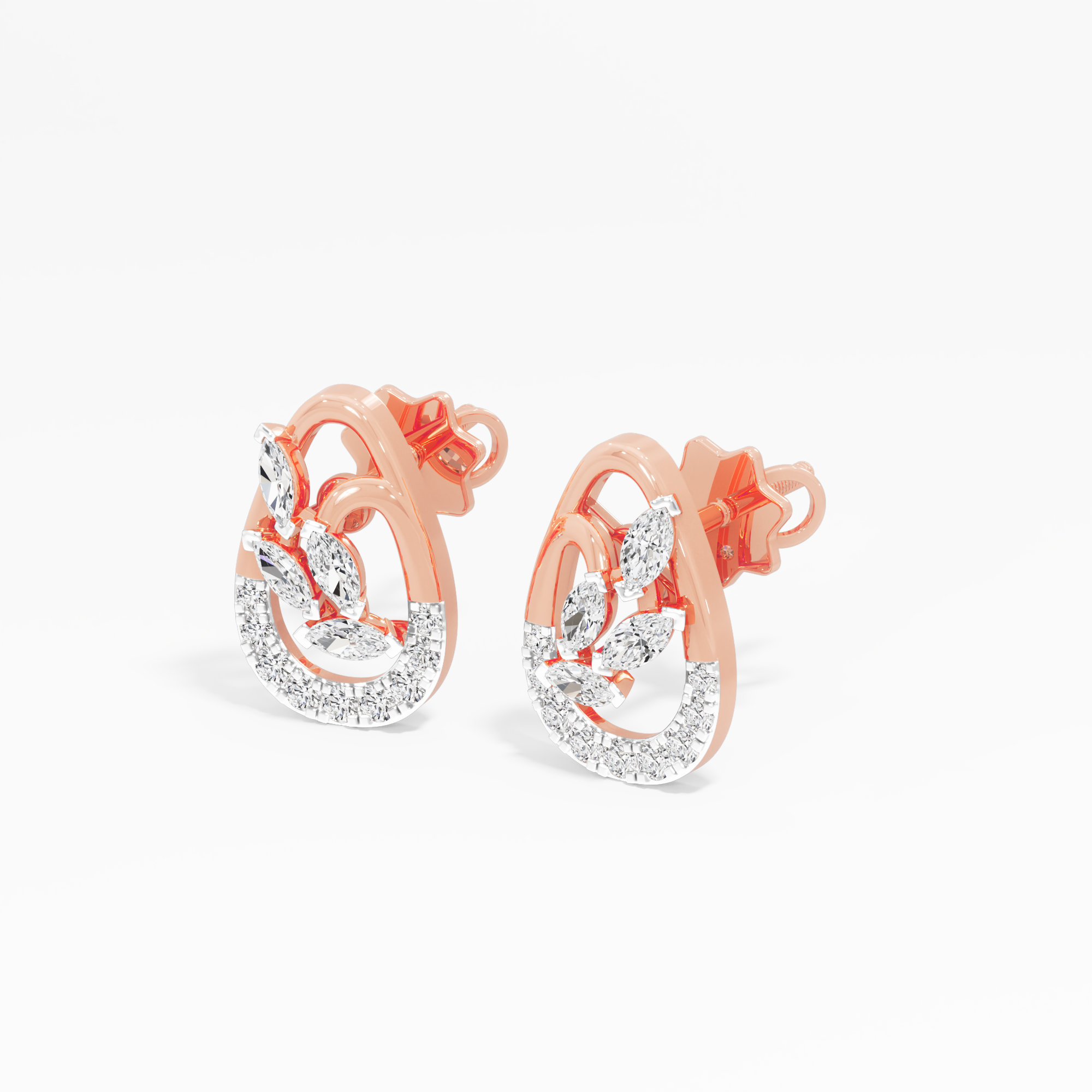 Teardrop Leaf Stud Earrings in 9KT Rose Gold (Diamond Quality: FG-VVS VS)