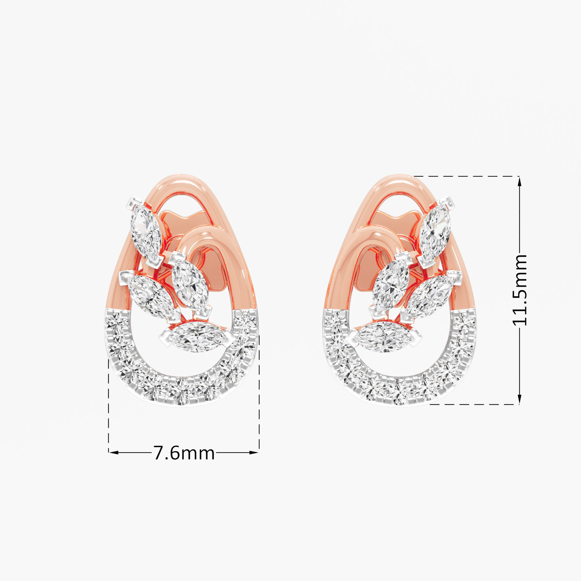 Teardrop Leaf Stud Earrings in 9KT Rose Gold (Diamond Quality: FG-VVS VS)