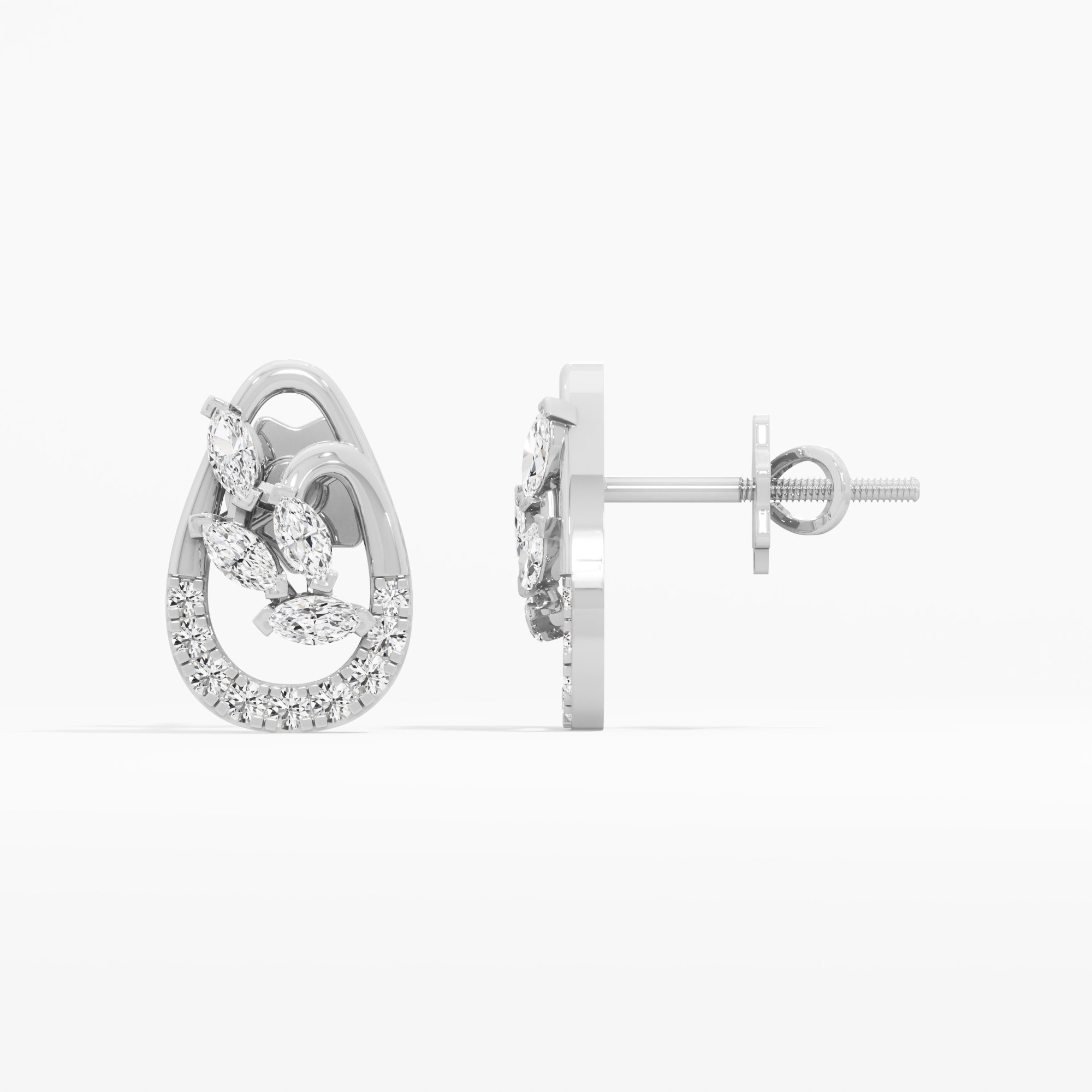 Teardrop Leaf Stud Earrings in 9KT White Gold (Diamond Quality: FG-VVS VS)