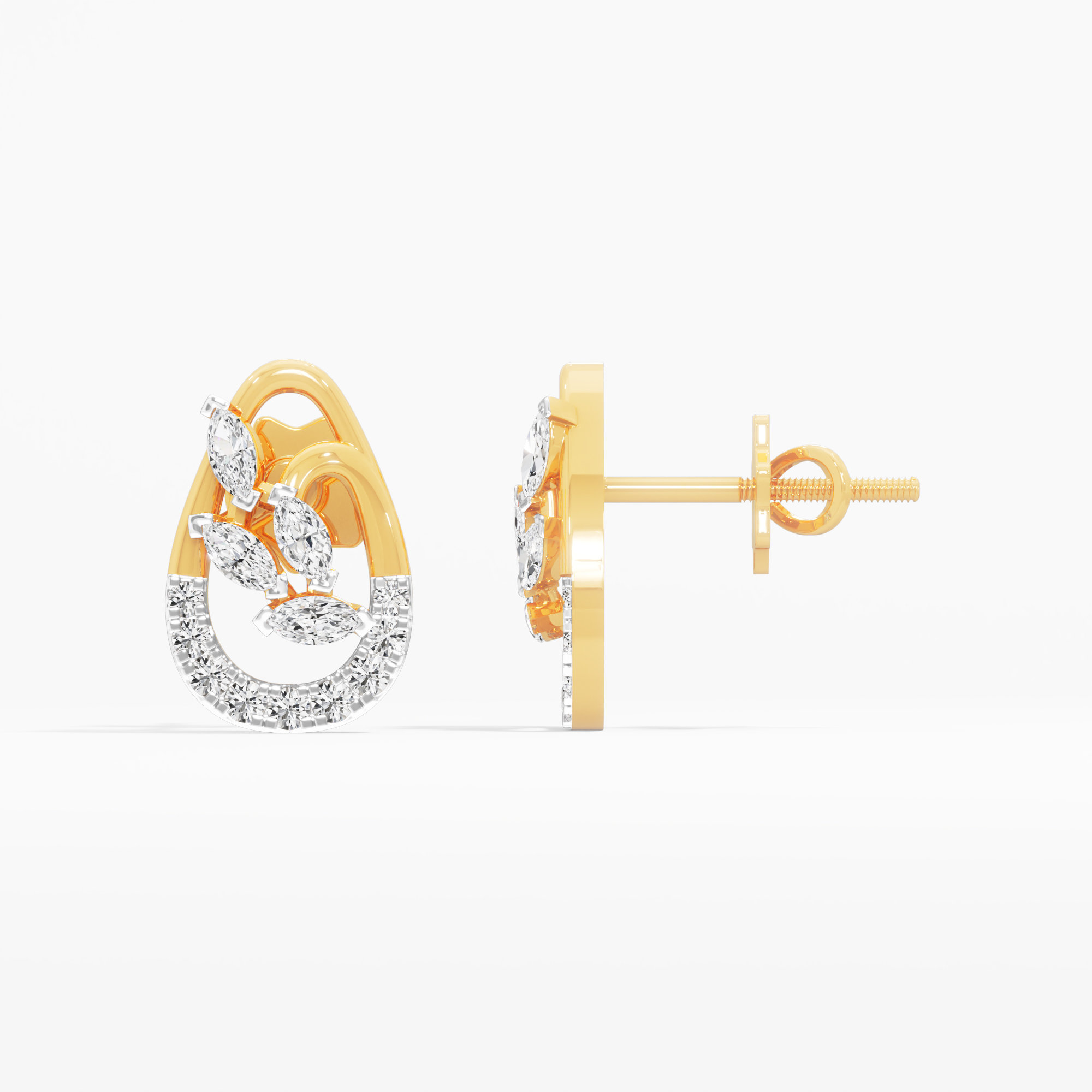 Teardrop Leaf Stud Earrings in 9KT Yellow Gold (Diamond Quality: FG-VVS VS)
