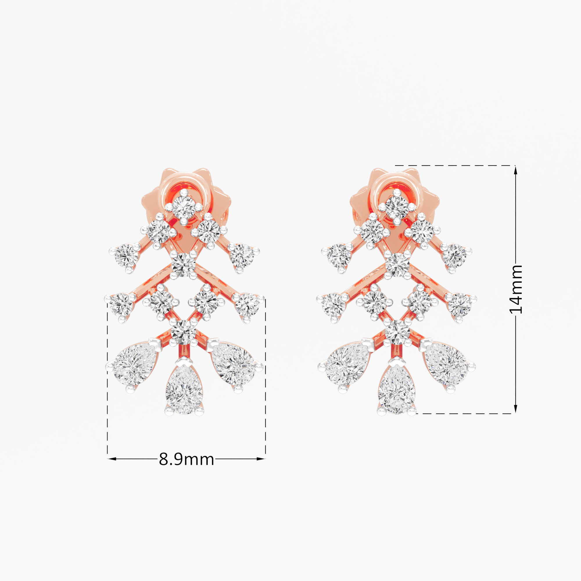 Fern Branch Stud Earrings in 9KT Rose Gold (Diamond Quality: FG-VVS VS)