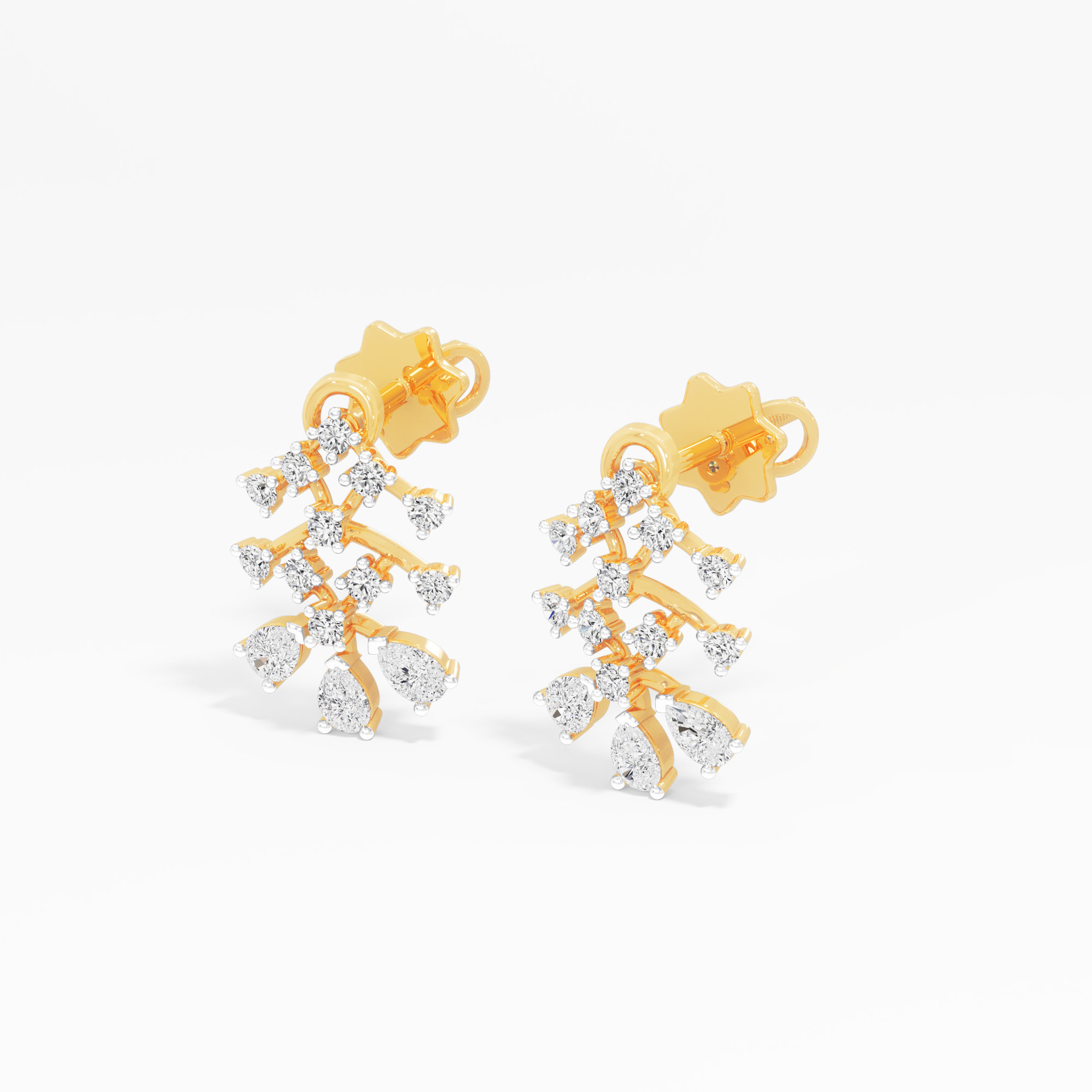 Fern Branch Stud Earrings in 9KT Yellow Gold (Diamond Quality: FG-VVS VS)