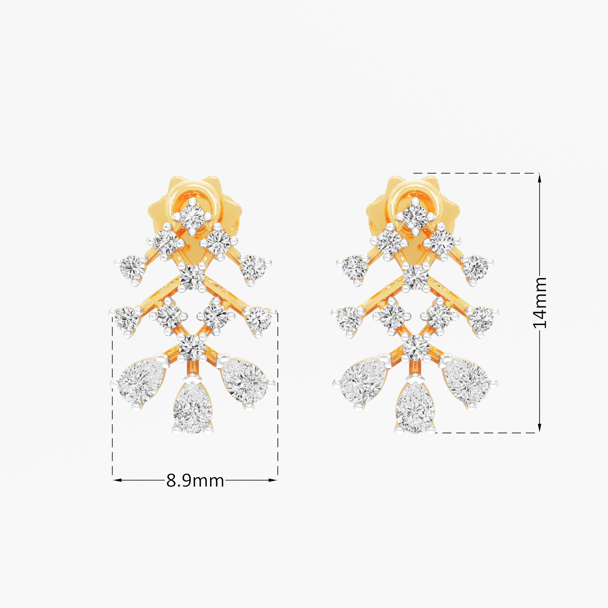 Fern Branch Stud Earrings in 9KT Yellow Gold (Diamond Quality: FG-VVS VS)