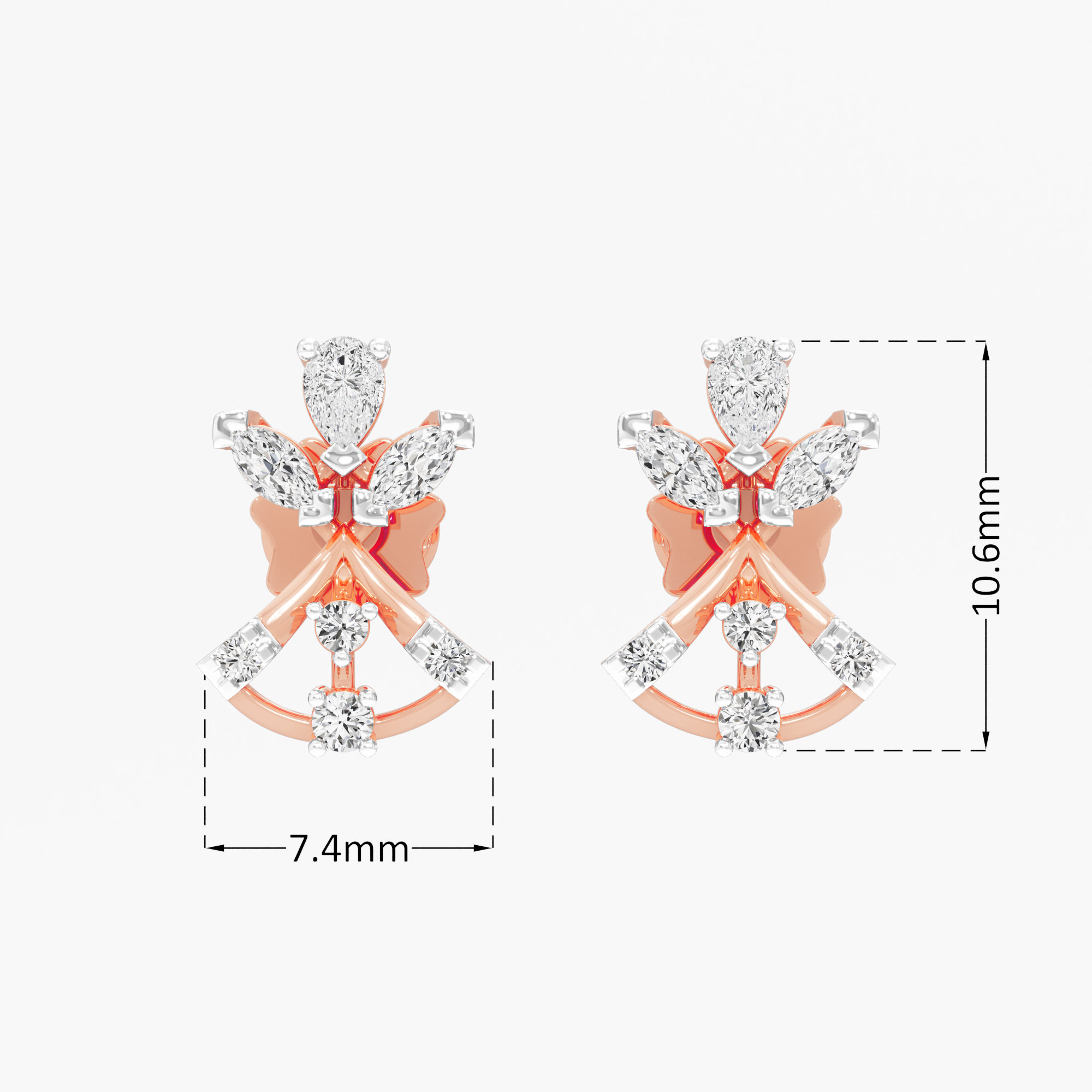 Butterfly Wing Stud Earrings in 9KT Rose Gold (Diamond Quality: FG-VVS VS)