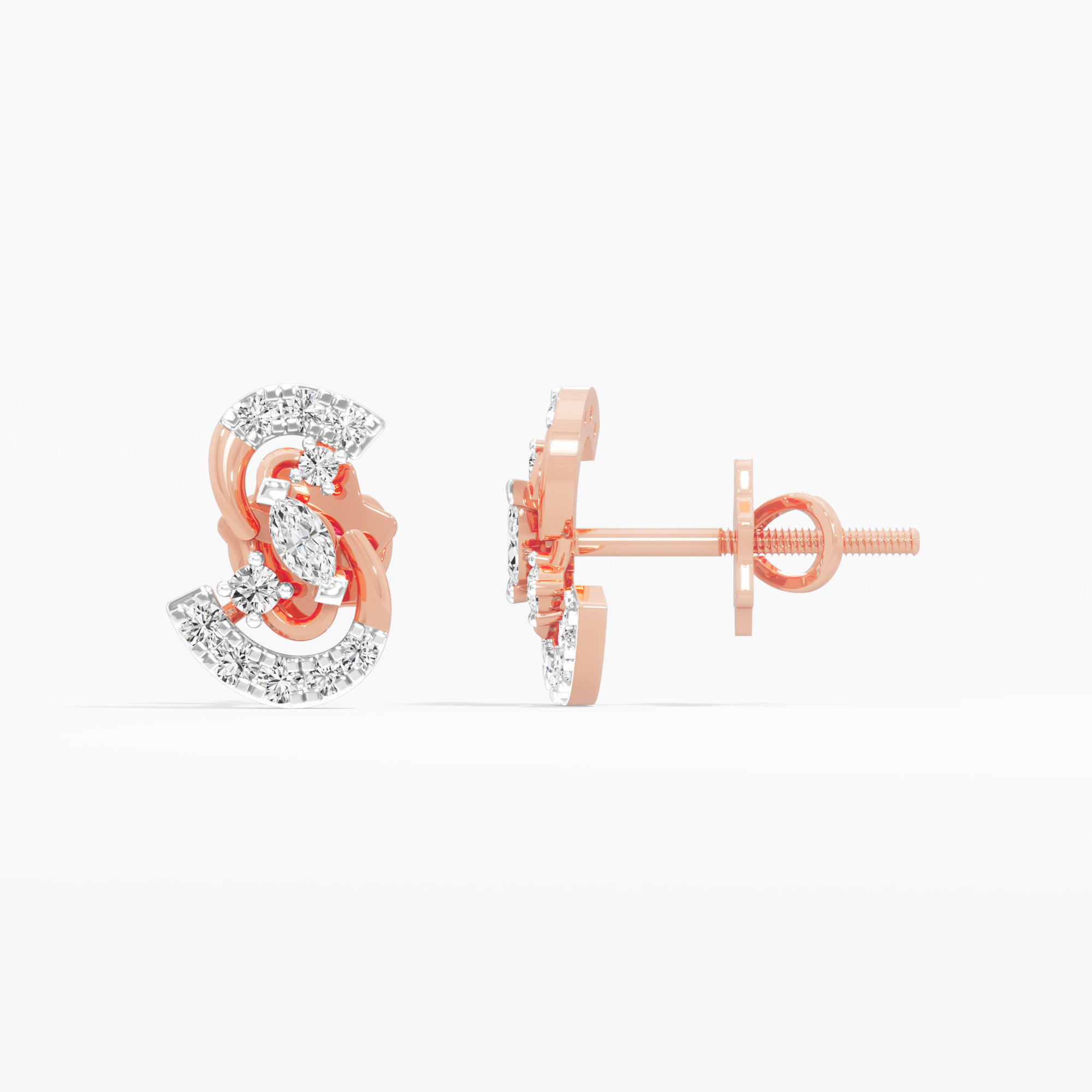 Ribbon Whirl Stud Earrings in 9KT Rose Gold (Diamond Quality: FG-VVS VS)