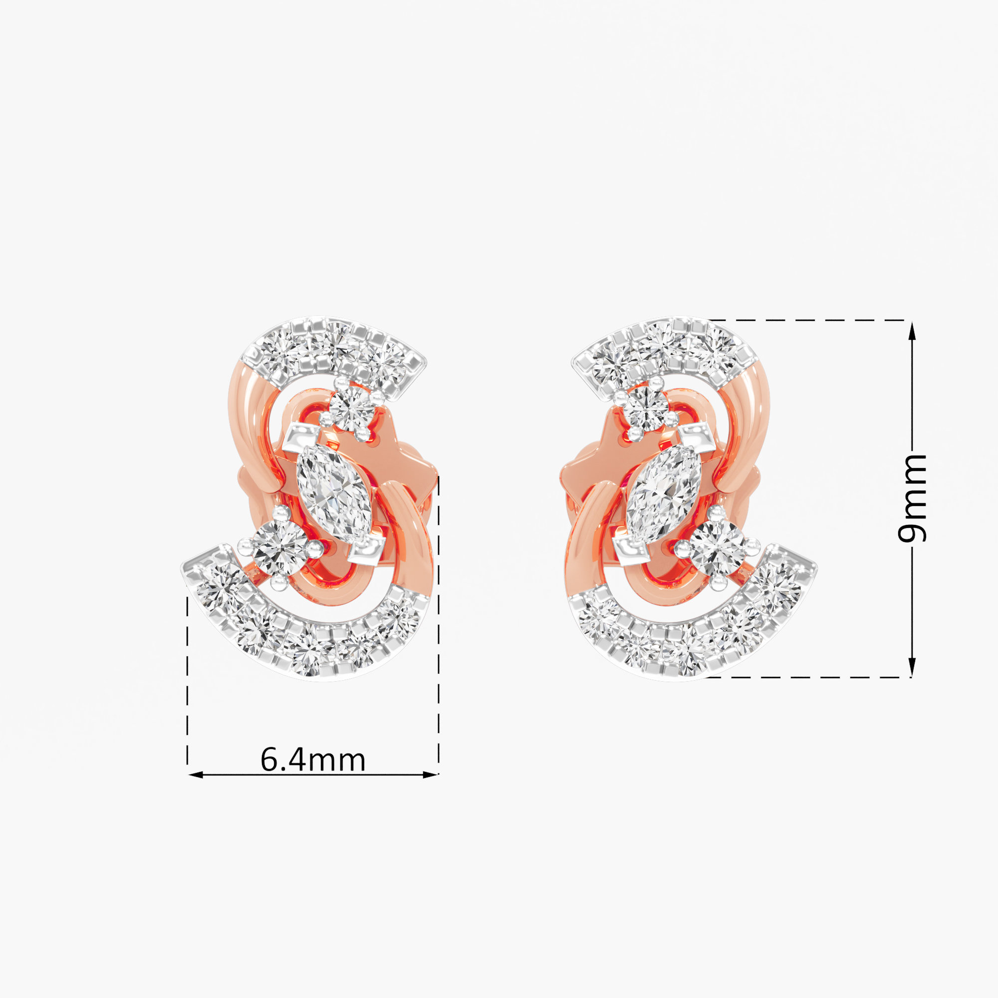 Ribbon Whirl Stud Earrings in 9KT Rose Gold (Diamond Quality: FG-VVS VS)
