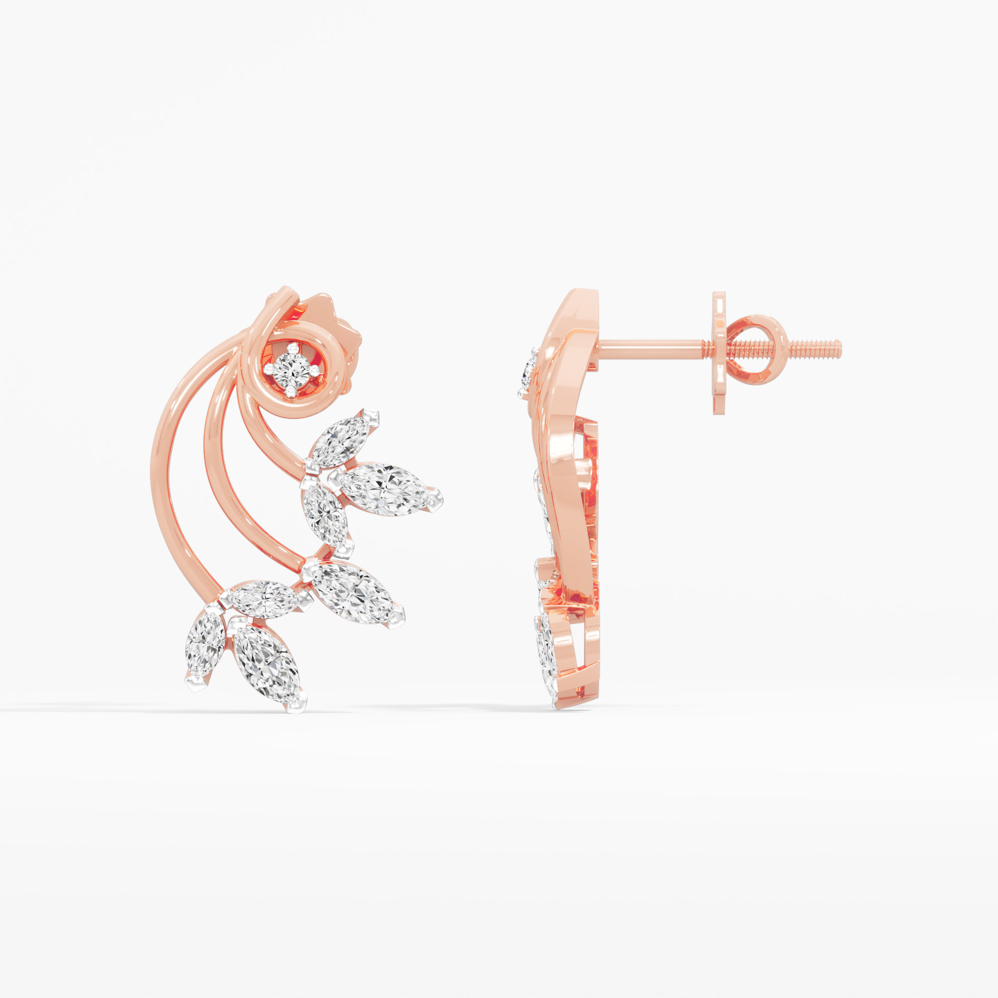Vine Crescent Stud Earrings in 9KT Rose Gold (Diamond Quality: FG-VVS VS)