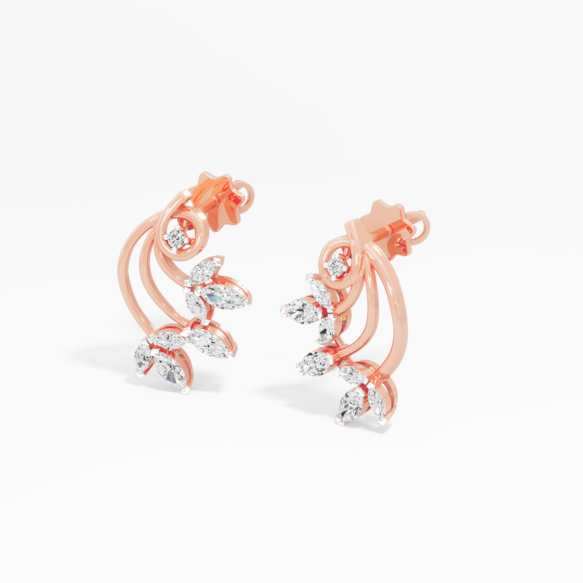 Vine Crescent Stud Earrings in 9KT Rose Gold (Diamond Quality: FG-VVS VS)