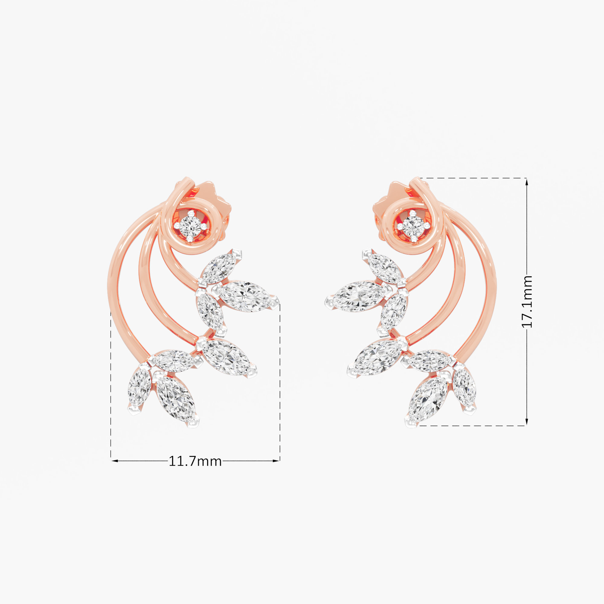 Vine Crescent Stud Earrings in 9KT Rose Gold (Diamond Quality: FG-VVS VS)