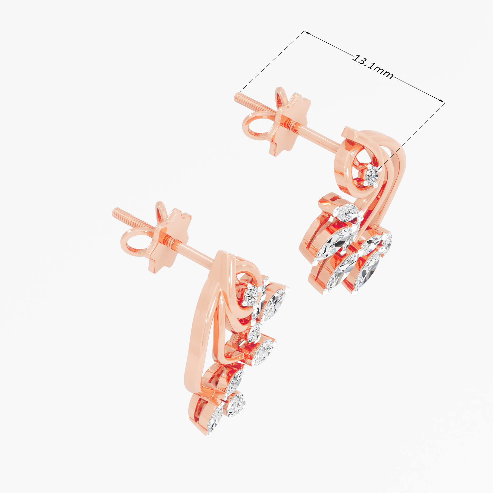Vine Crescent Stud Earrings in 9KT Rose Gold (Diamond Quality: FG-VVS VS)