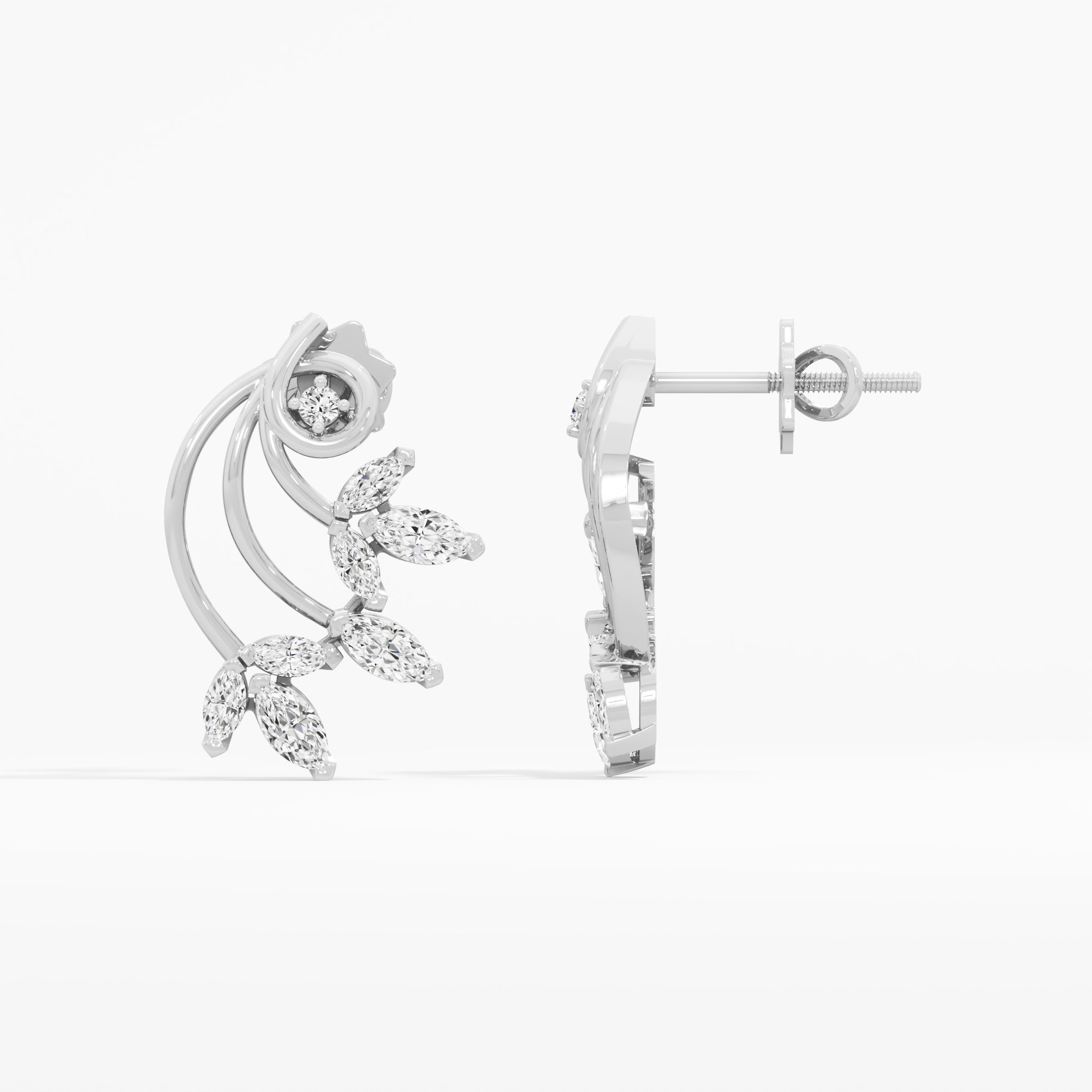 Vine Crescent Stud Earrings in 9KT White Gold (Diamond Quality: FG-VVS VS)