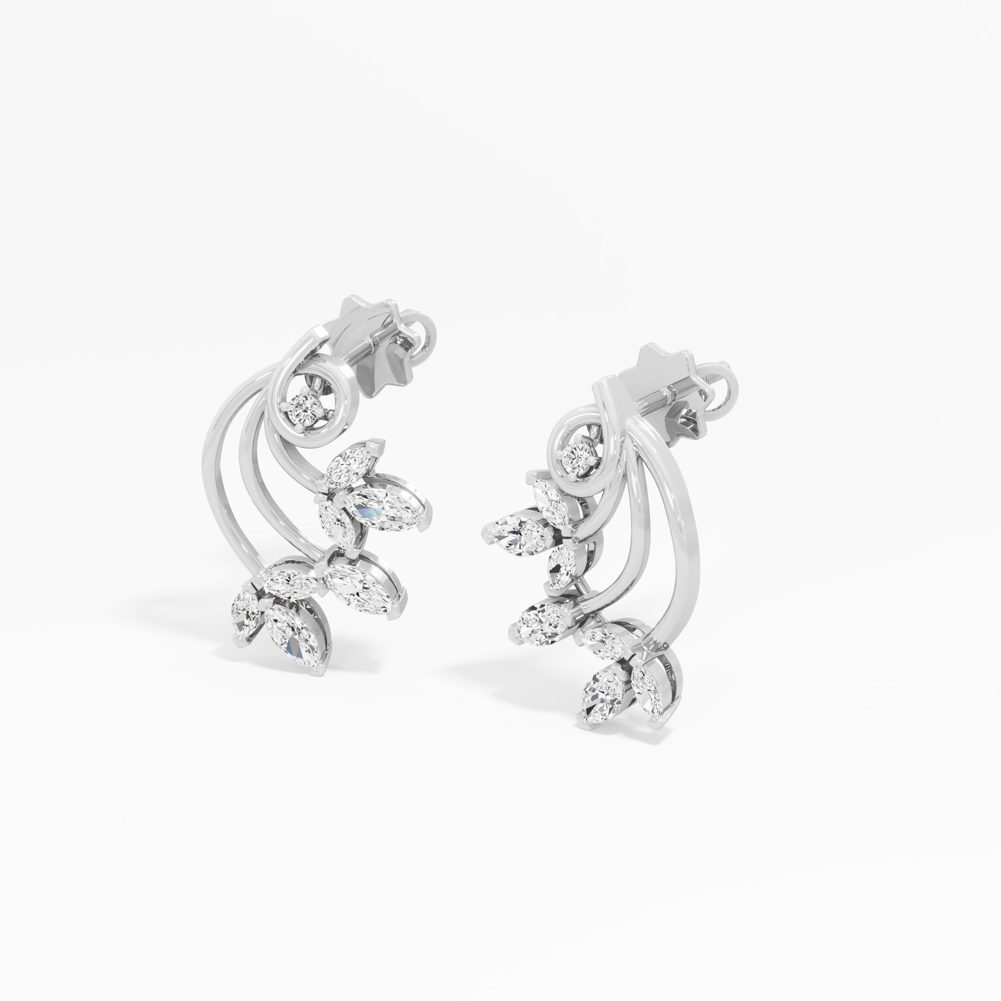 Vine Crescent Stud Earrings in 9KT White Gold (Diamond Quality: FG-VVS VS)