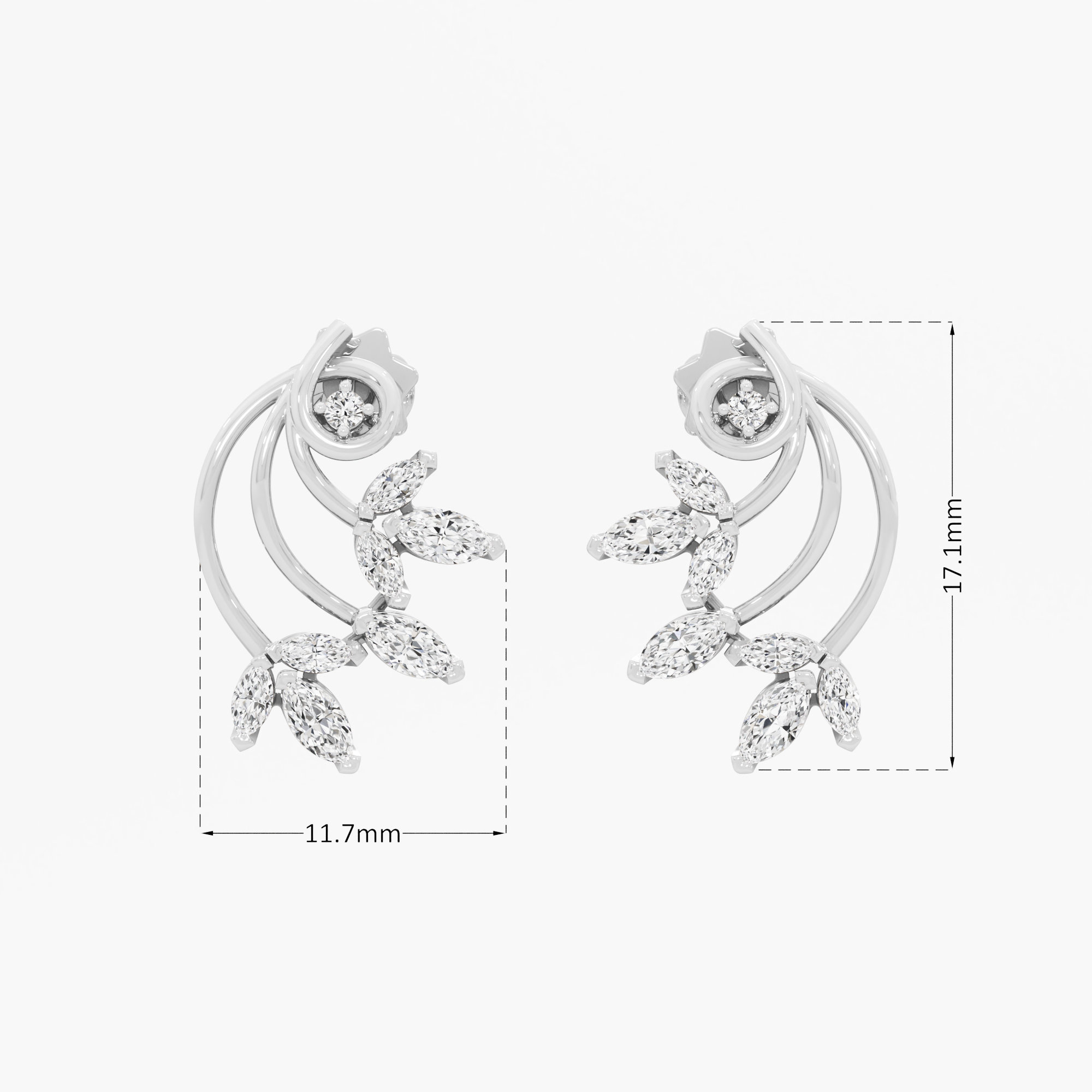 Vine Crescent Stud Earrings in 9KT White Gold (Diamond Quality: FG-VVS VS)