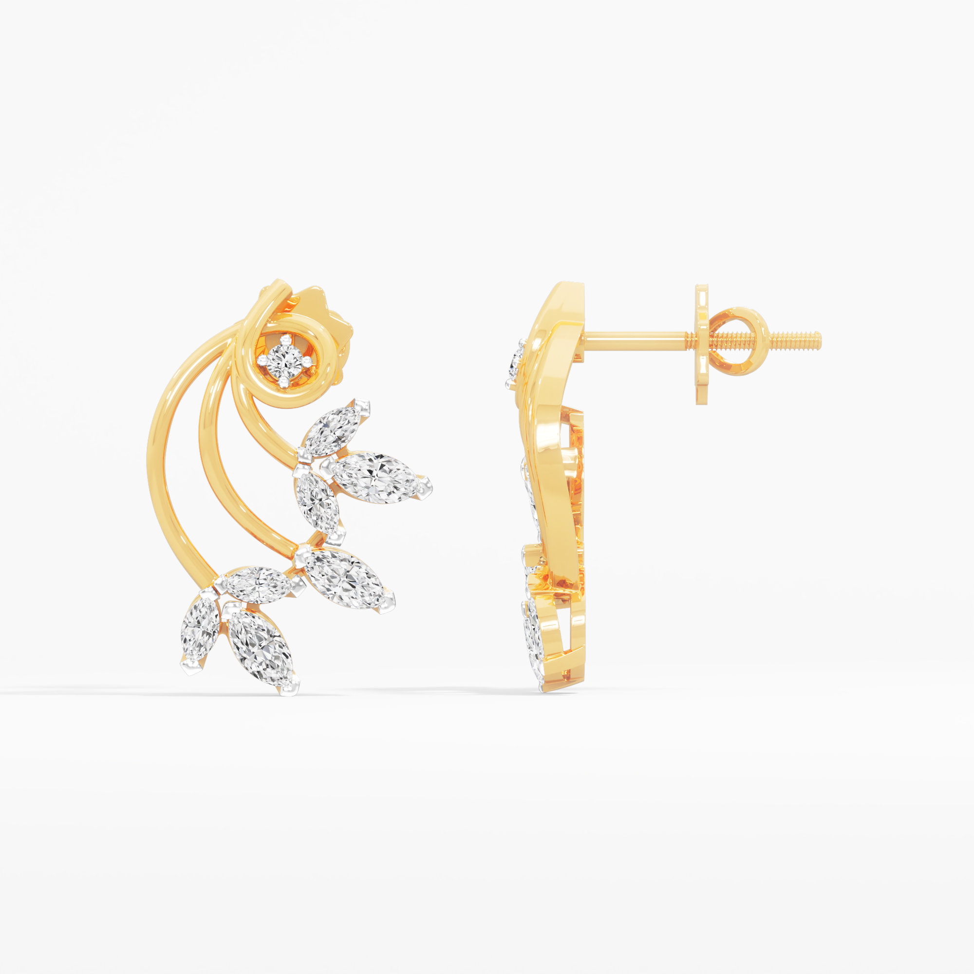 Vine Crescent Stud Earrings in 9KT Yellow Gold (Diamond Quality: FG-VVS VS)