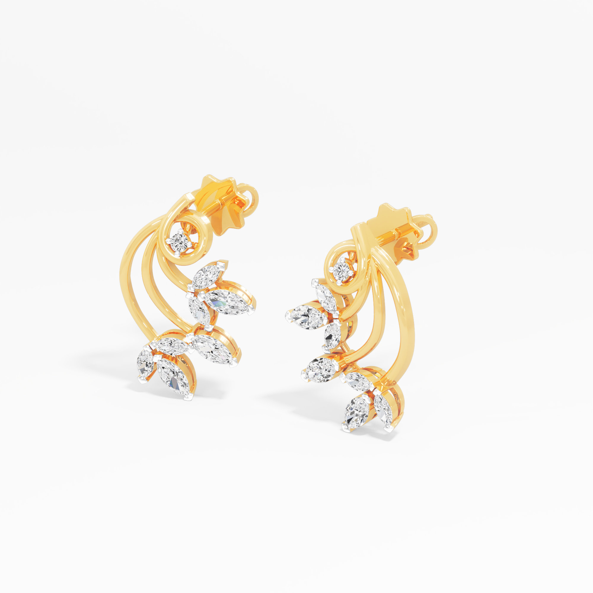 Vine Crescent Stud Earrings in 9KT Yellow Gold (Diamond Quality: FG-VVS VS)