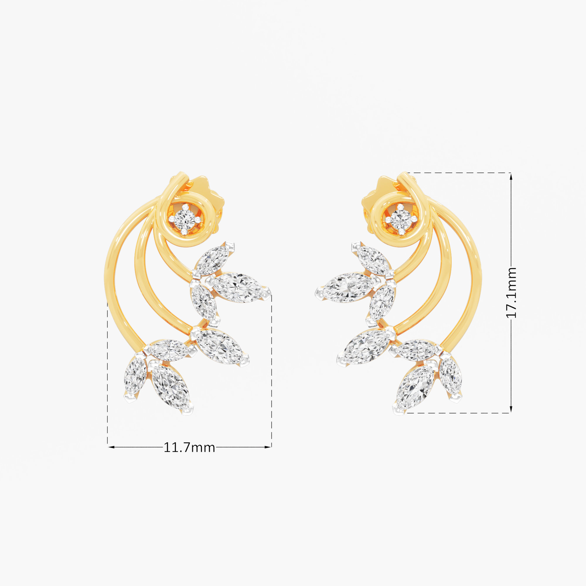 Vine Crescent Stud Earrings in 9KT Yellow Gold (Diamond Quality: FG-VVS VS)